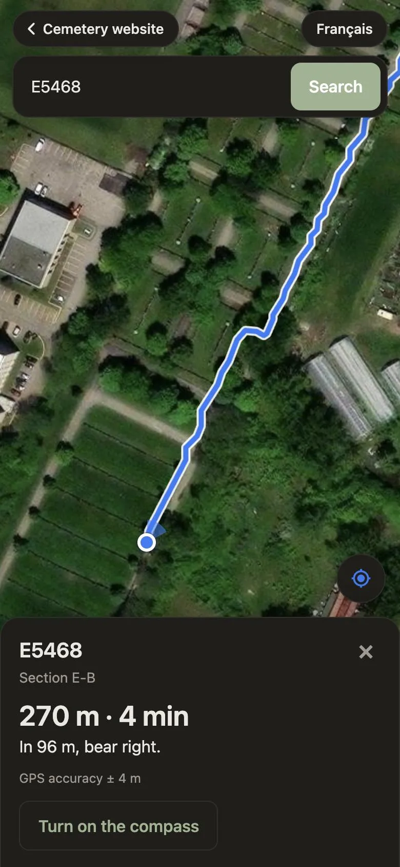 Halfway along the route, the app says: in 96 m, bear right